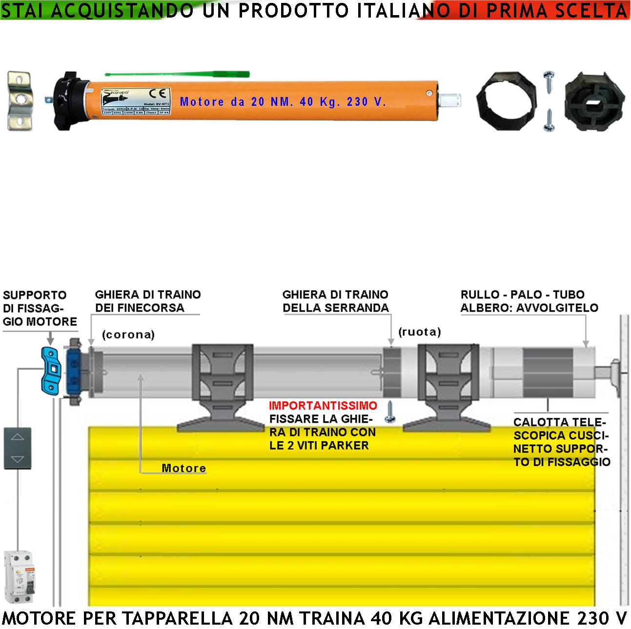 Motore per Tapparella Elettrica Serrandina Avvolgibile 220 V 20 Nm 40 Kg  Blocco