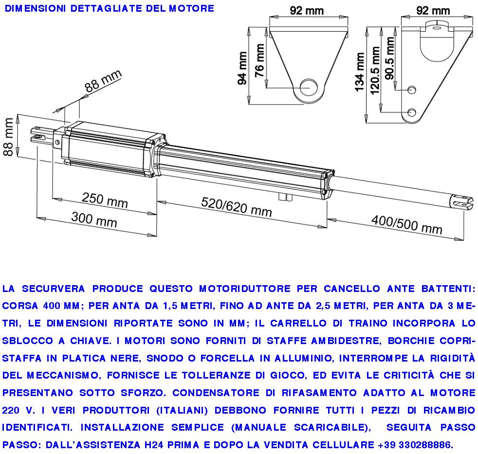 Motore attuatore bh corsa 500 cancello battente 12v apricancello  automazione 