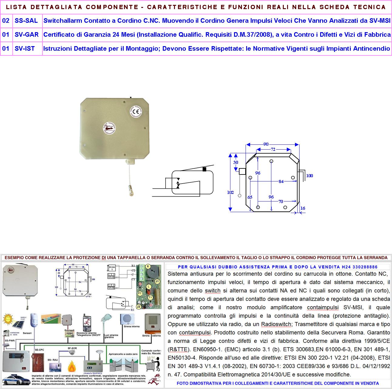 Sensore Antifurto a Cordino 2 Pezzi Protegge la Tapparella dal Taglio dallo  Strappo dal Sollevamento Fune in Nylon Scorre su Carrucola in Ottone Sintap  Impulsi Veloci 50 mS Allarme Necessita di Conta